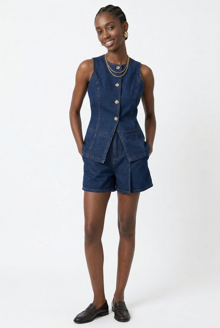 Desiree | 100% Cotton Denim Vest Set