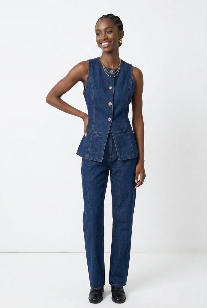 Desiree | 100% Cotton Denim Vest Set