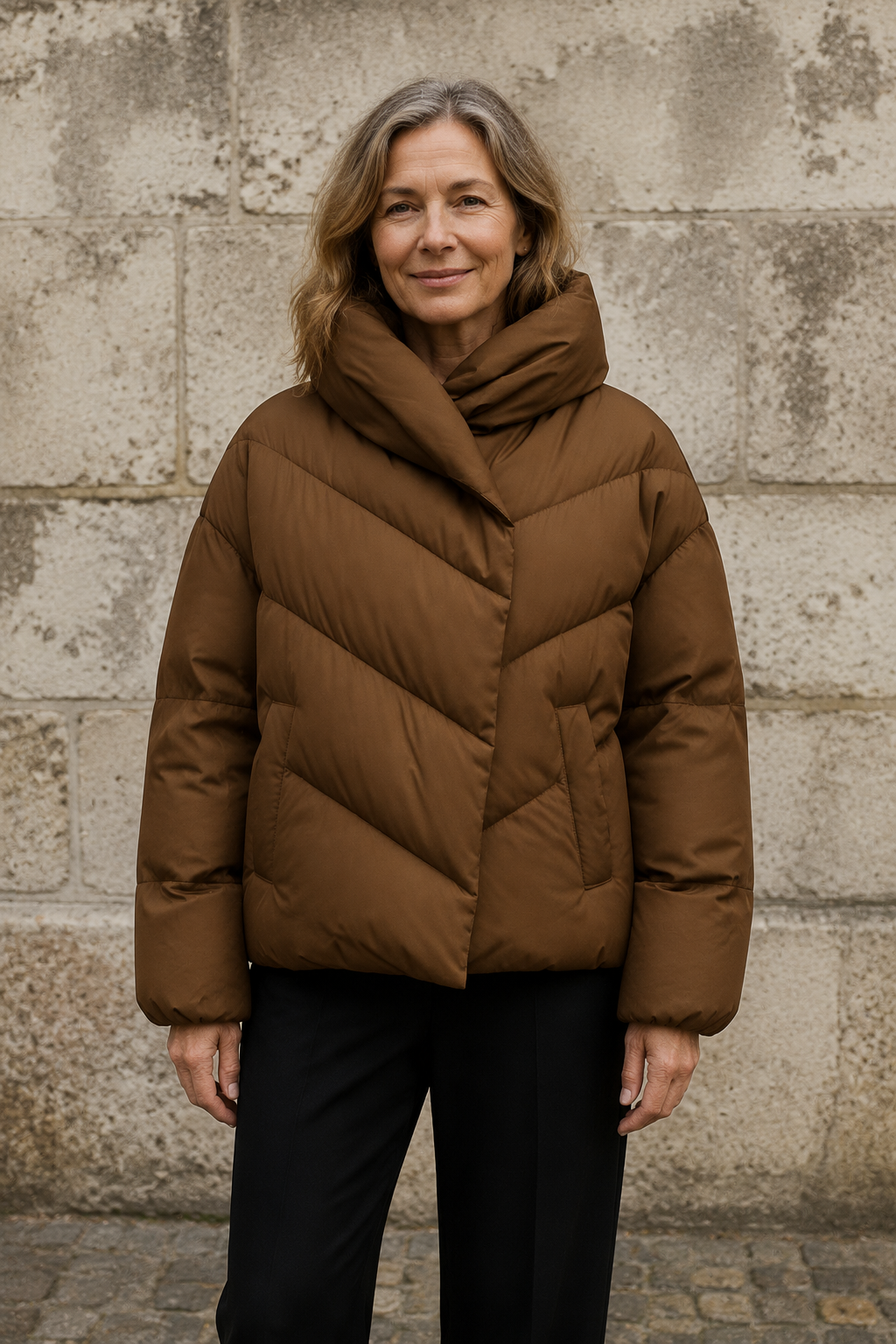 Cropped quilted down puffer jacket closed