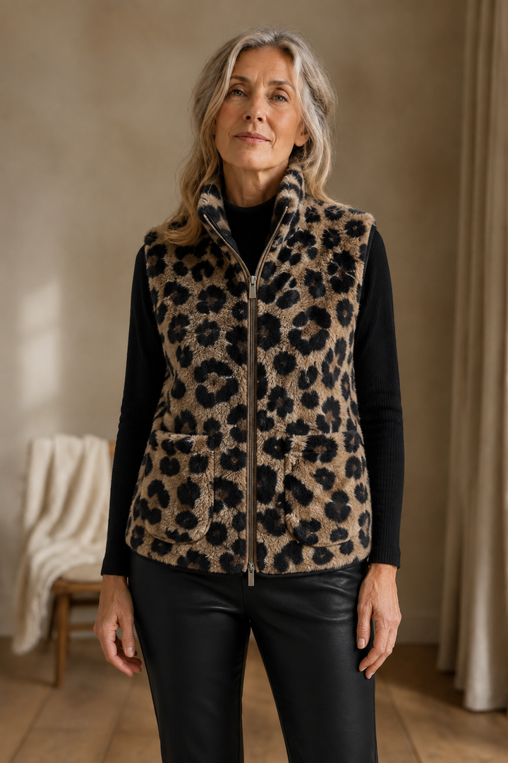 Delvine Dark Brown teddy fleece vest front hero