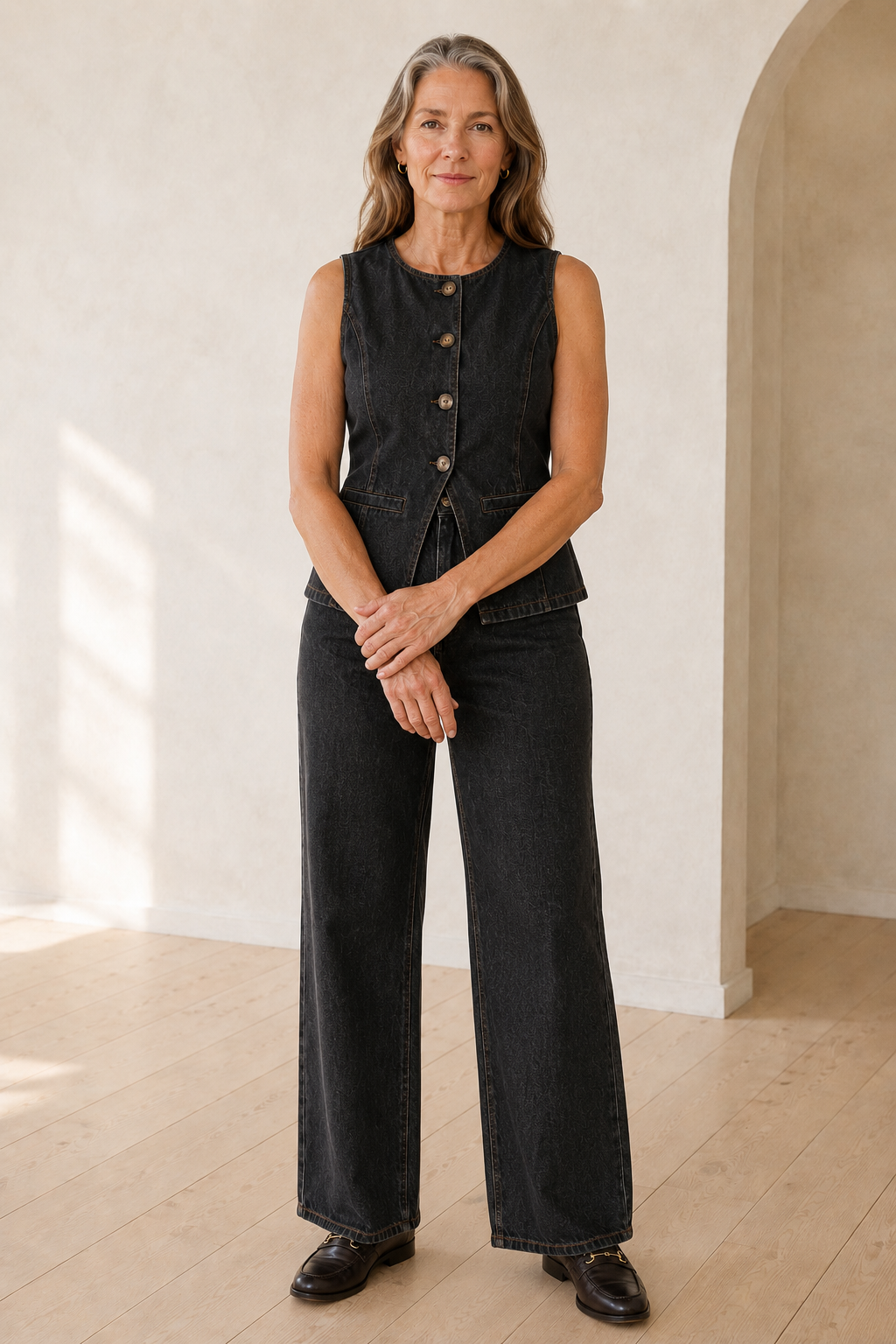 Desiree | 100% Cotton Denim Vest Set - Black