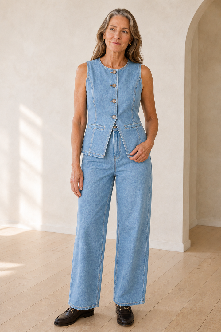 Desiree | 100% Cotton Denim Vest Set - Sky Blue