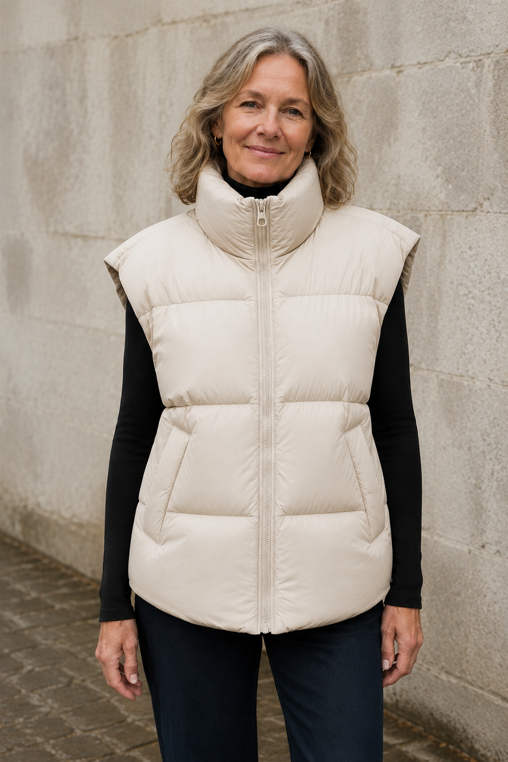 Diane | Down Puffer Vest, Stand Collar - Beige