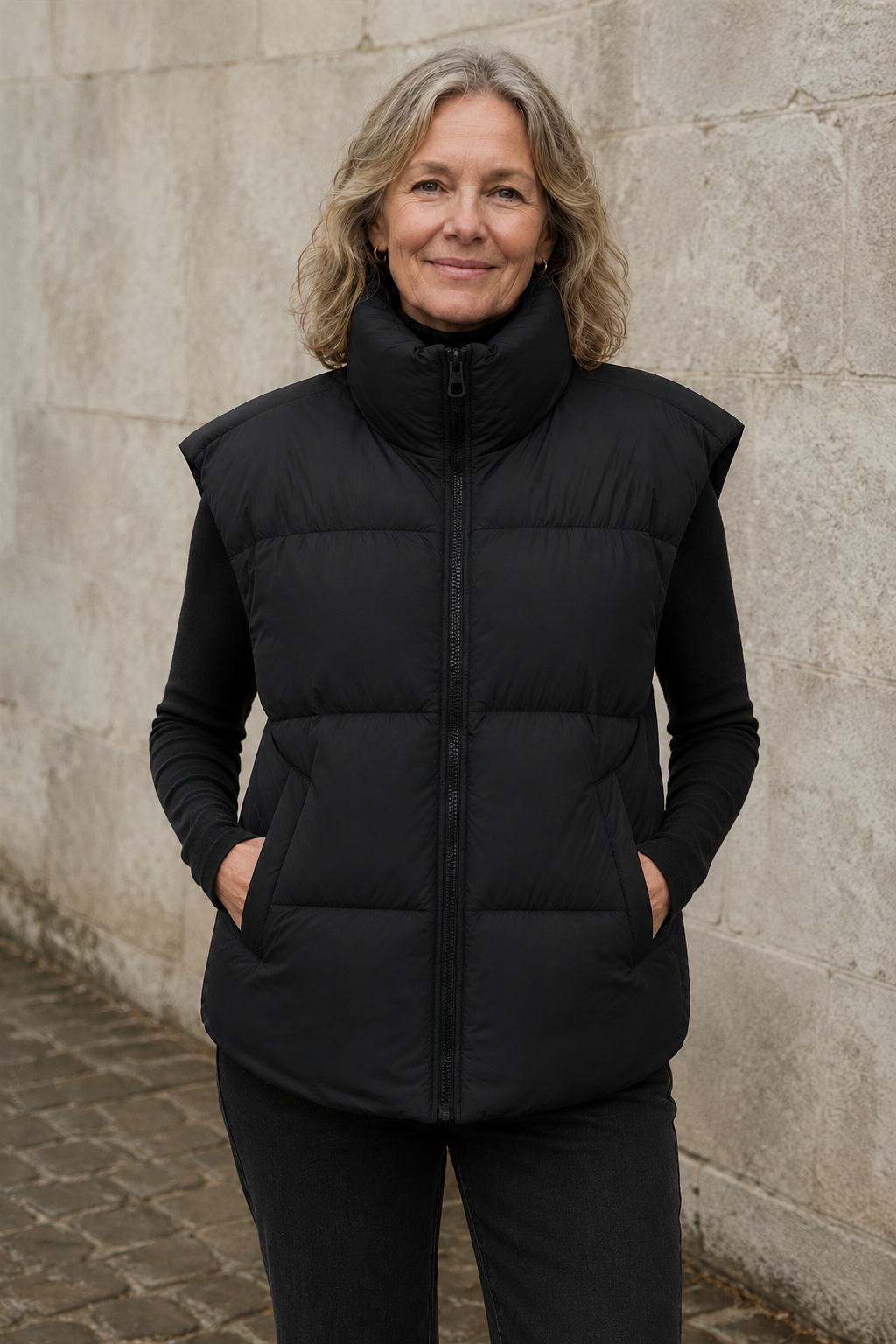 Diane | Down Puffer Vest, Stand Collar - Black