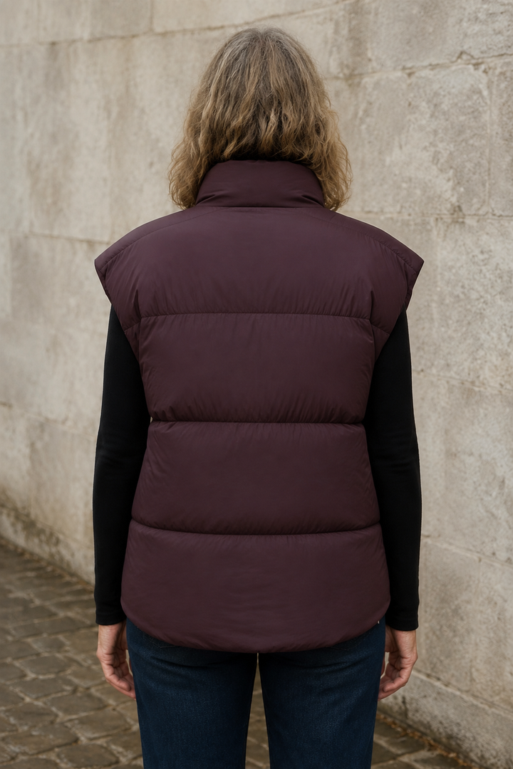 Diane | Down Puffer Vest, Stand Collar - Burgundy