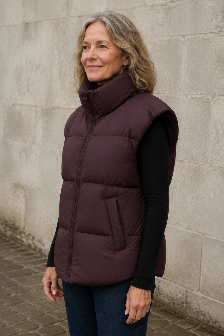 Diane | Down Puffer Vest, Stand Collar - Burgundy