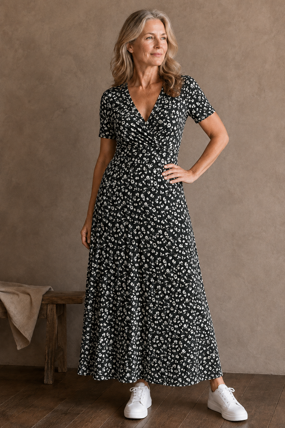 Ditsy Floral V-Neck Dress - Charcoal