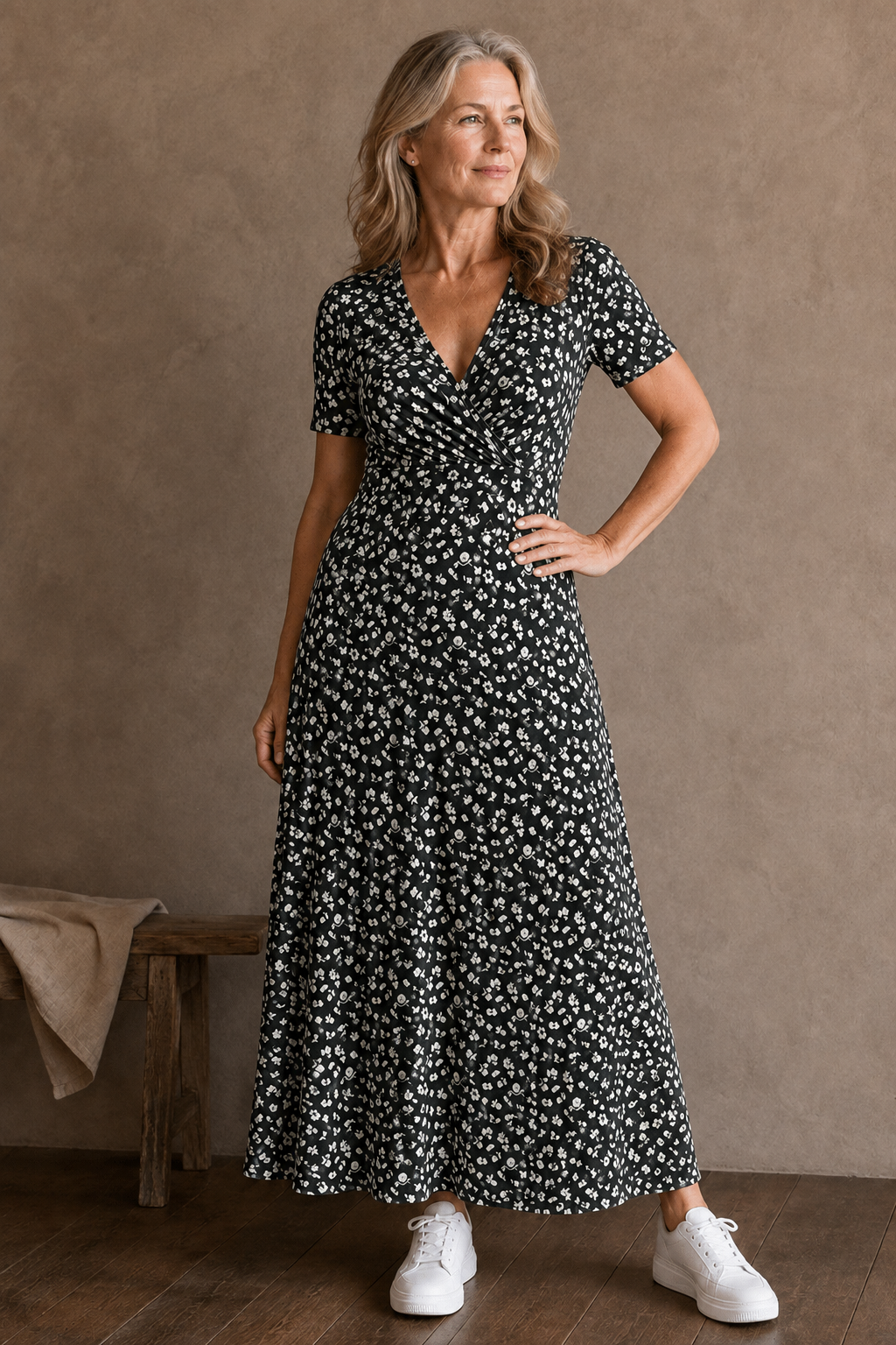 Ditsy Floral V-Neck Dress - Charcoal
