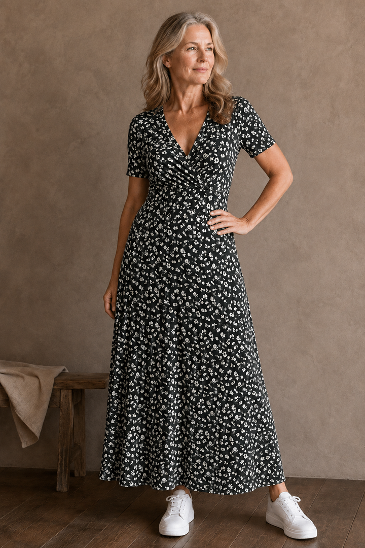Ditsy Floral V-Neck Dress - Charcoal