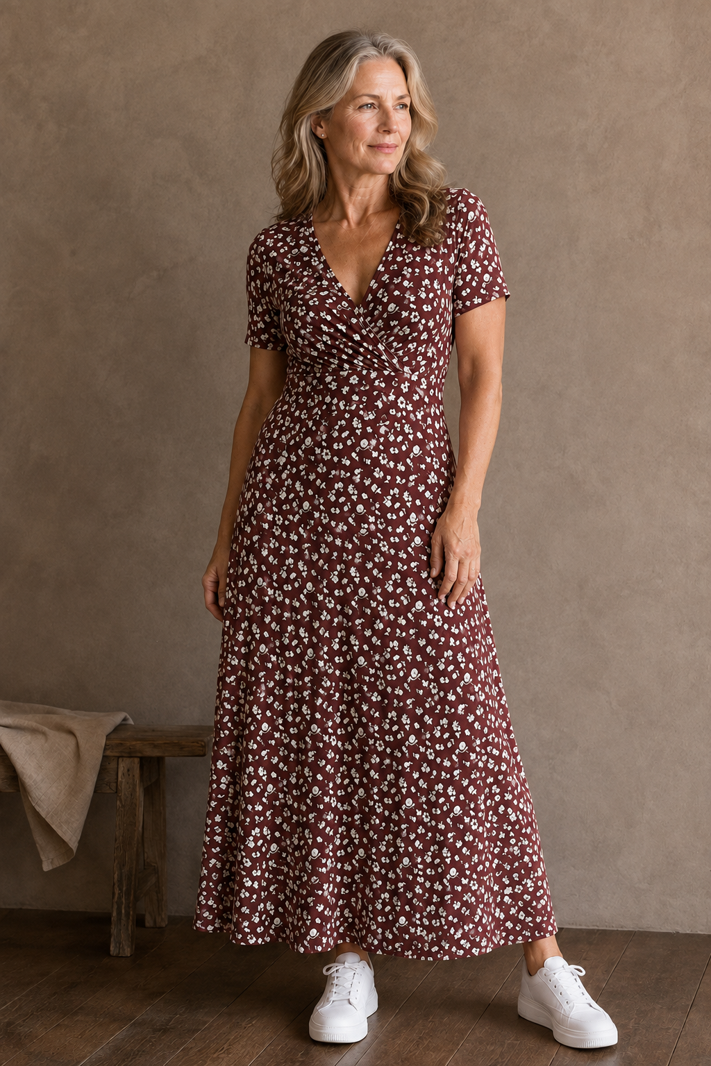 Ditsy Floral V-Neck Dress - Dark Red