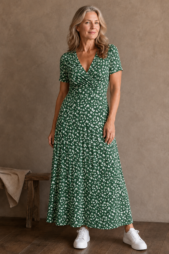 Ditsy Floral V-Neck Dress - Green