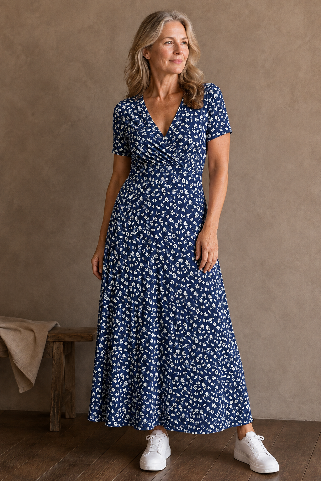 Ditsy Floral V-Neck Dress - Navy