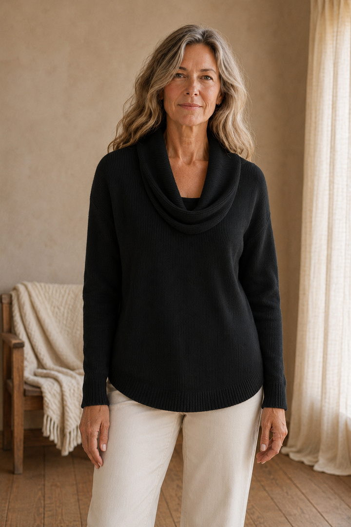 Dorine | Draped Collar Knit Sweater - Black front hero