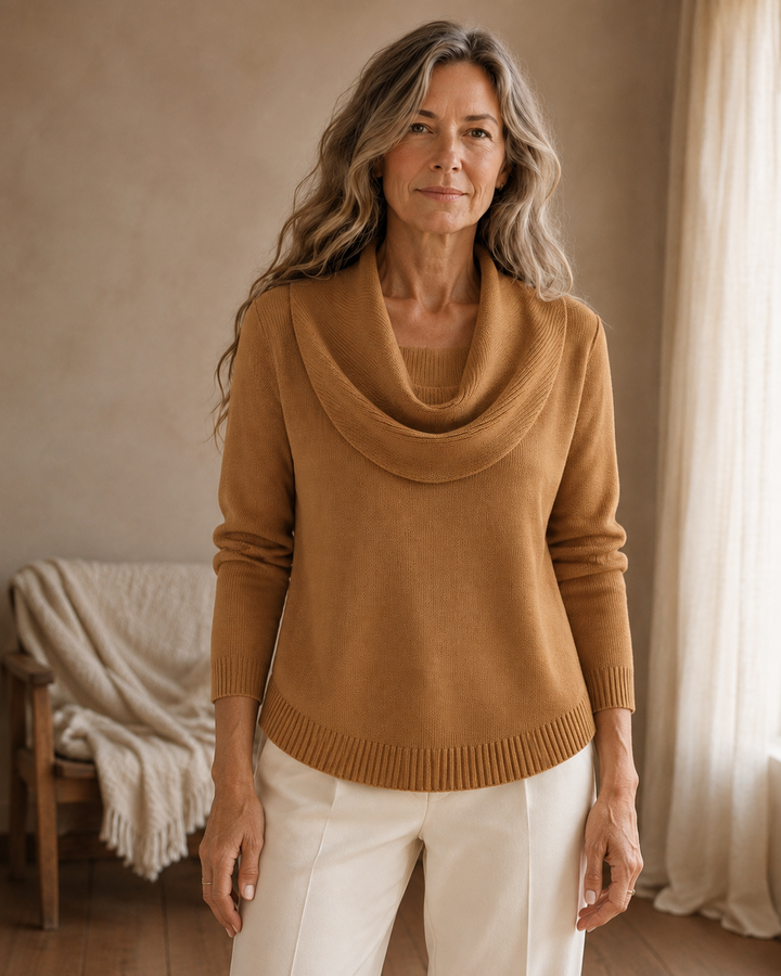 Dorine | Draped Collar Knit Sweater - Brown front hero