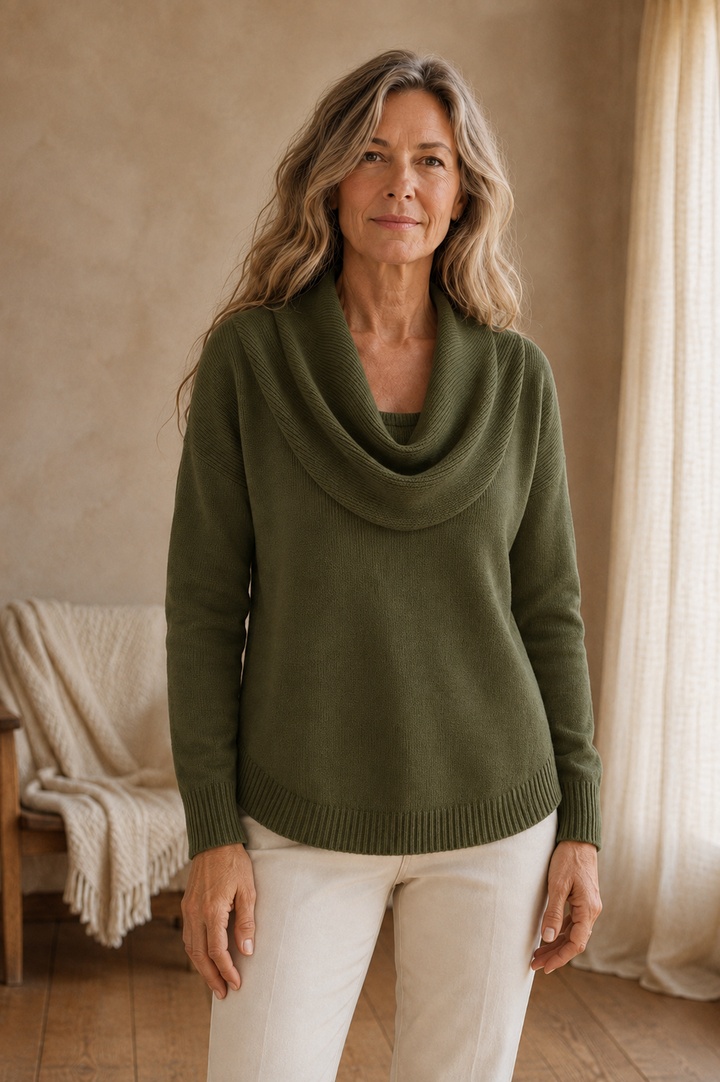 Dorine | Draped Collar Knit Sweater - Green front hero