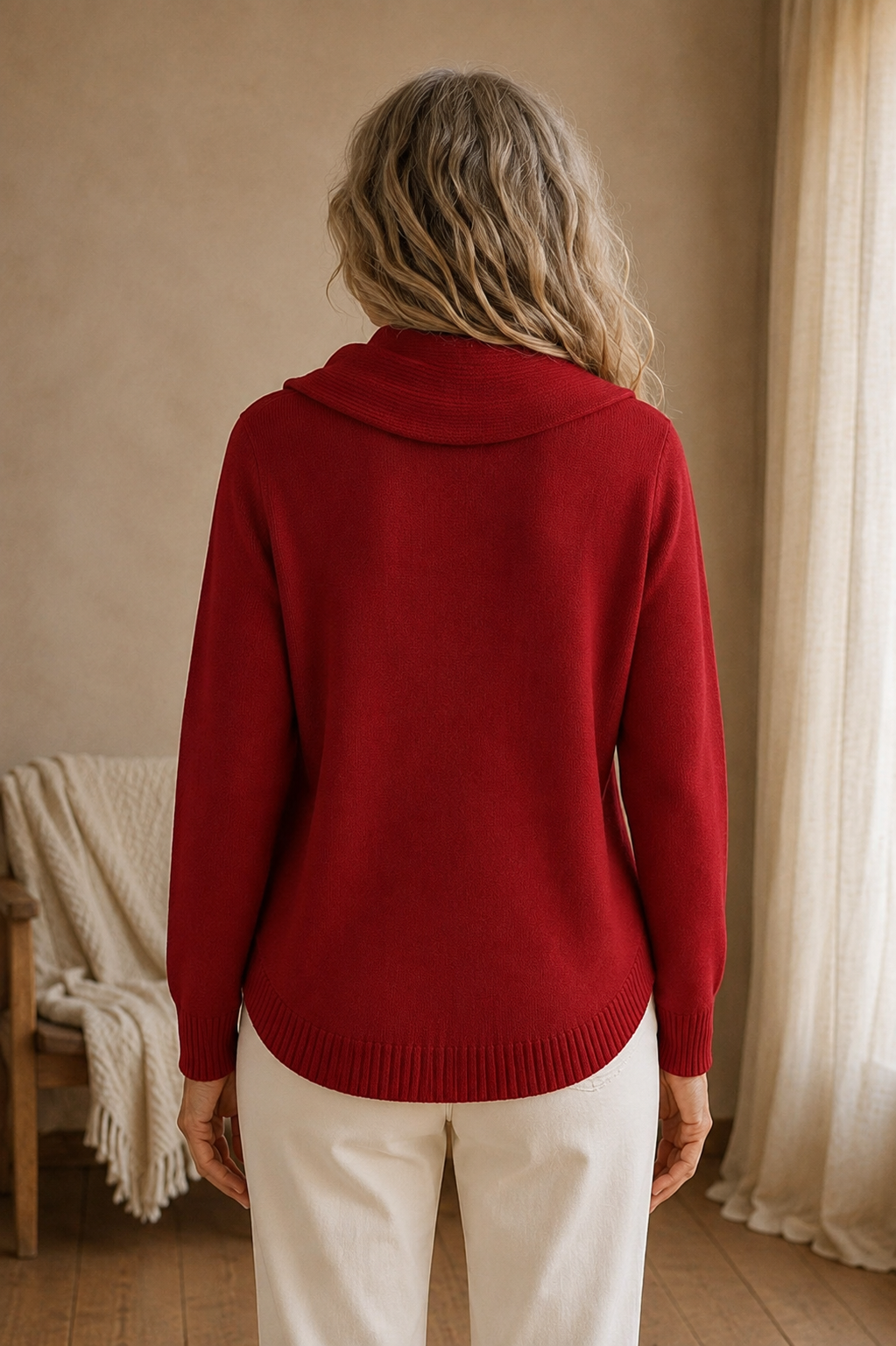 Dorine | Draped Collar Knit Sweater - Red back view
