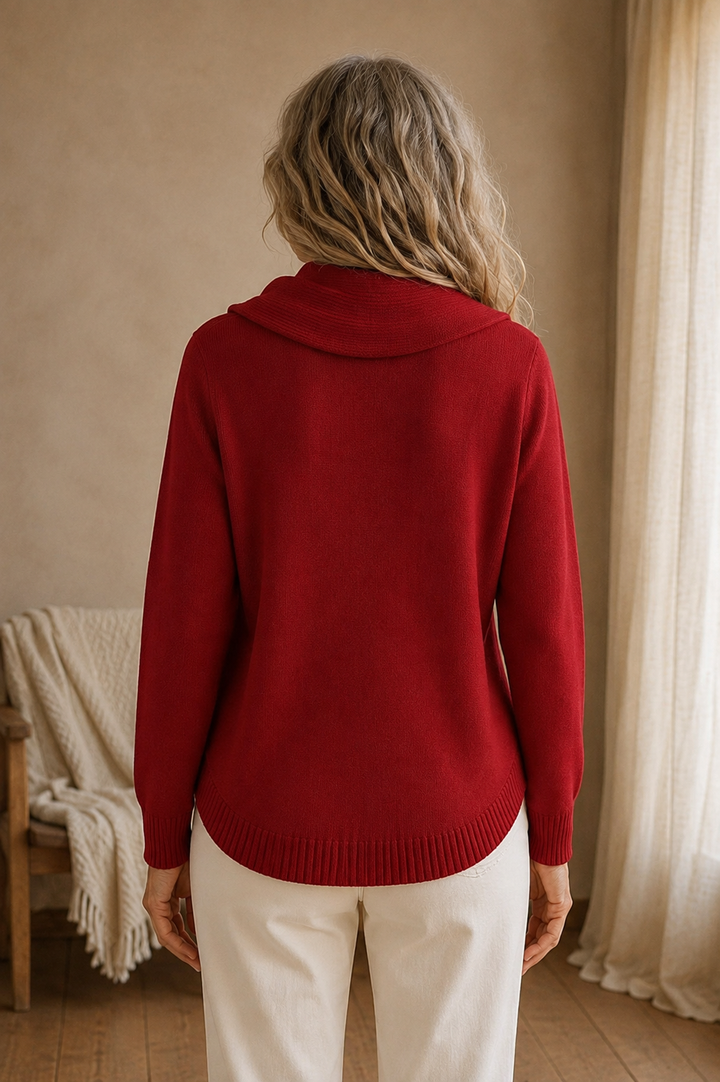 Dorine | Draped Collar Knit Sweater - Red back view