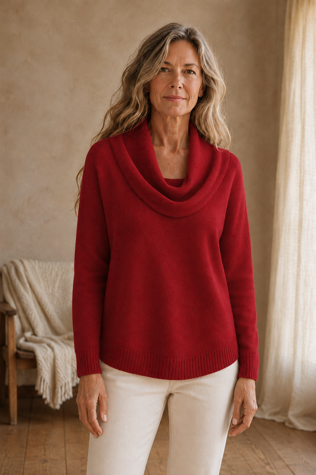 Dorine | Draped Collar Knit Sweater - Red front hero