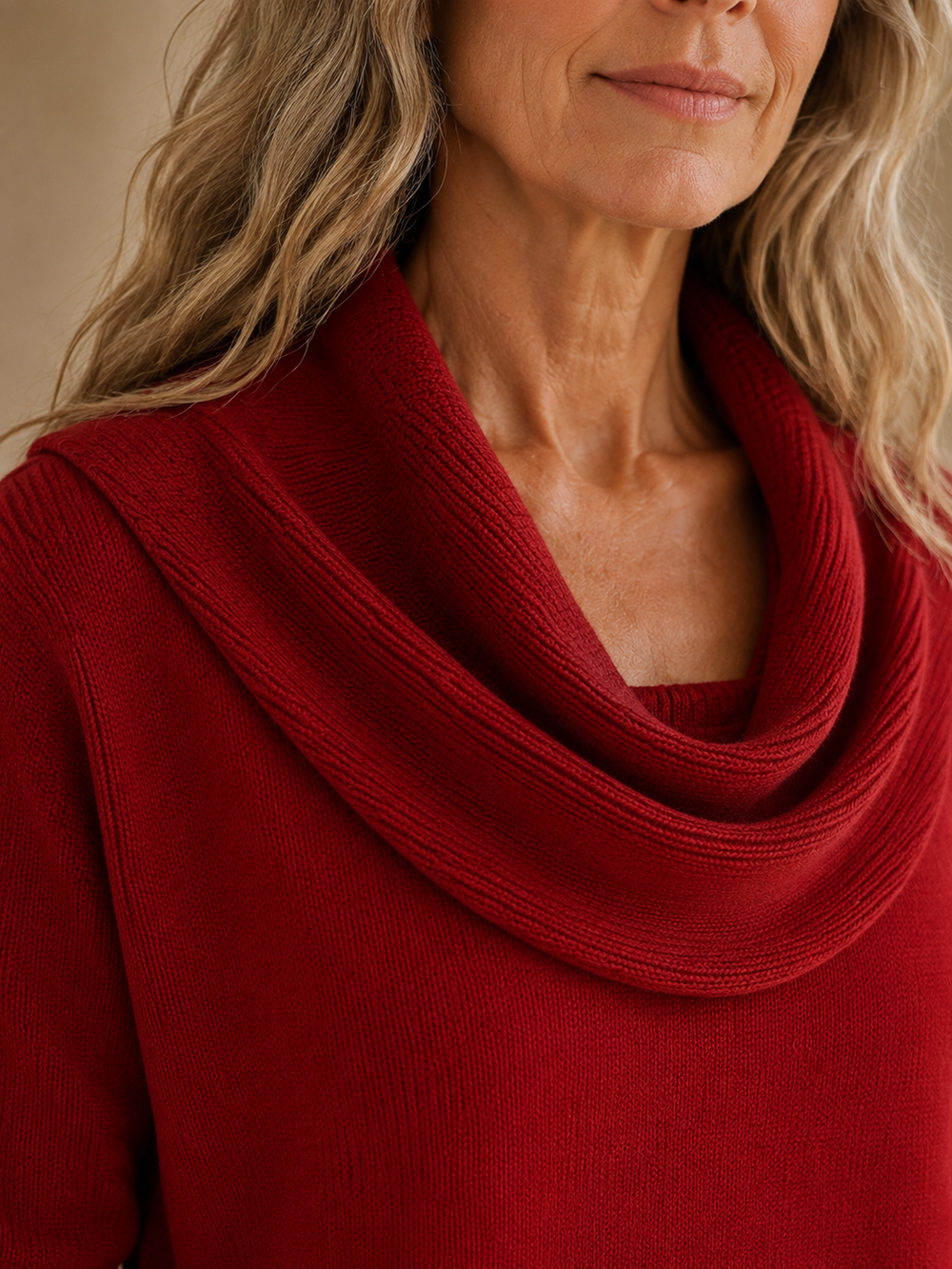 Dorine | Draped Collar Knit Sweater - Red collar detail