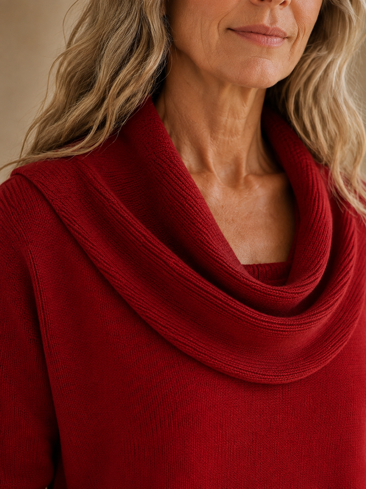 Dorine | Draped Collar Knit Sweater - Red collar detail