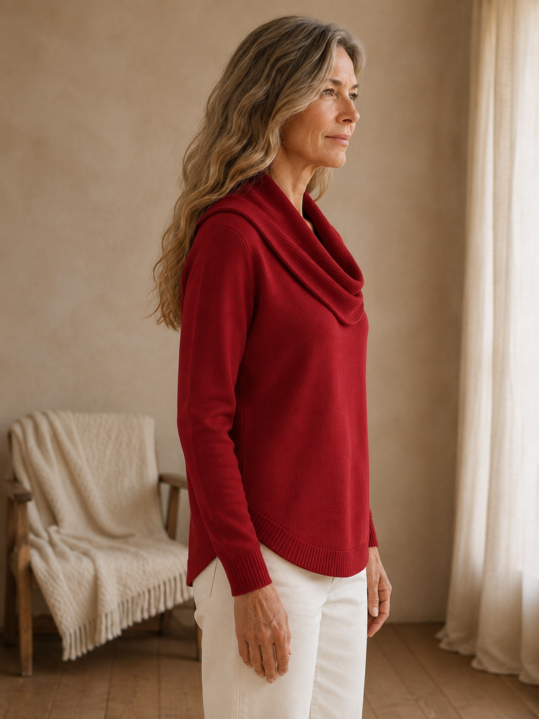 Dorine | Draped Collar Knit Sweater - Red side view
