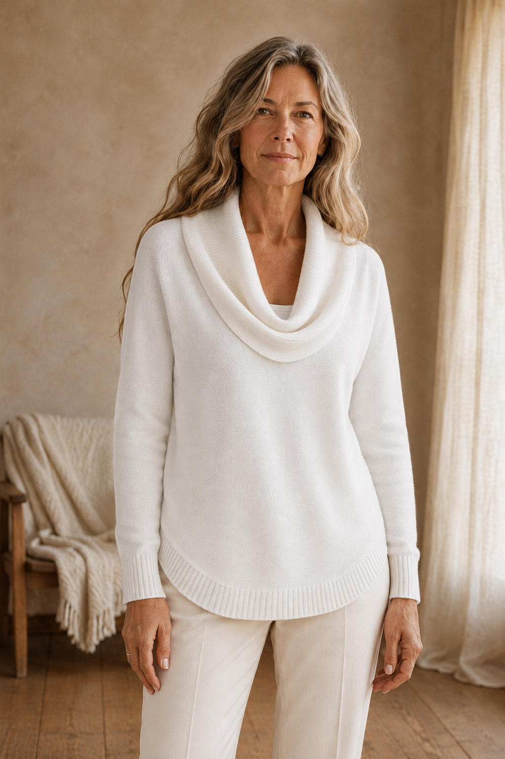 Dorine | Draped Collar Knit Sweater - White front hero