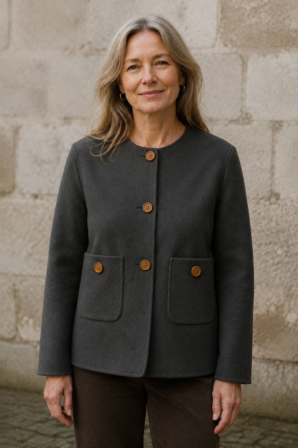 Double faced wool collarless coat closed