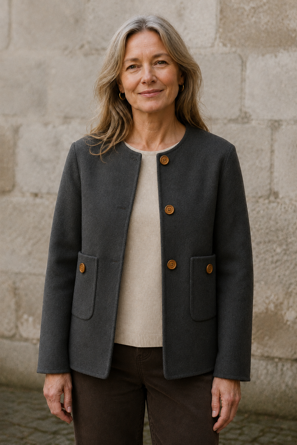 Double faced wool collarless coat open