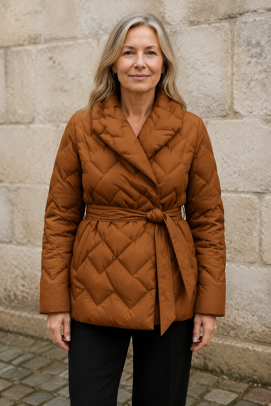 Down filled belted wrap coat closed