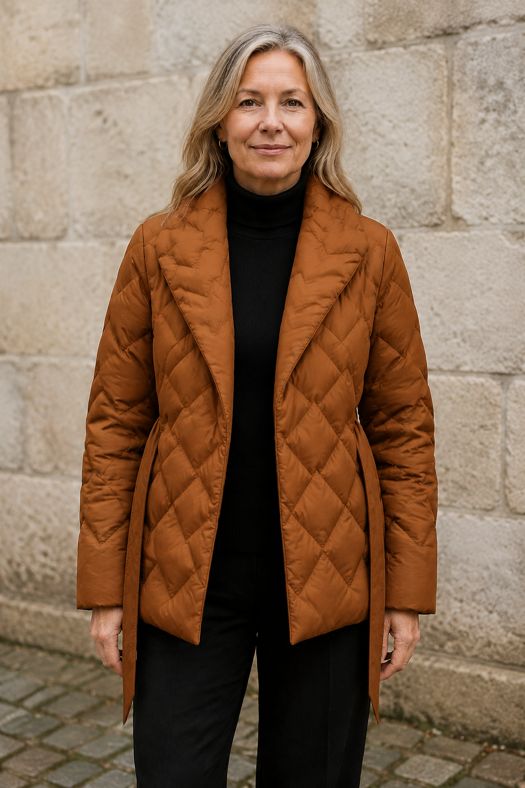 Down filled belted wrap coat open