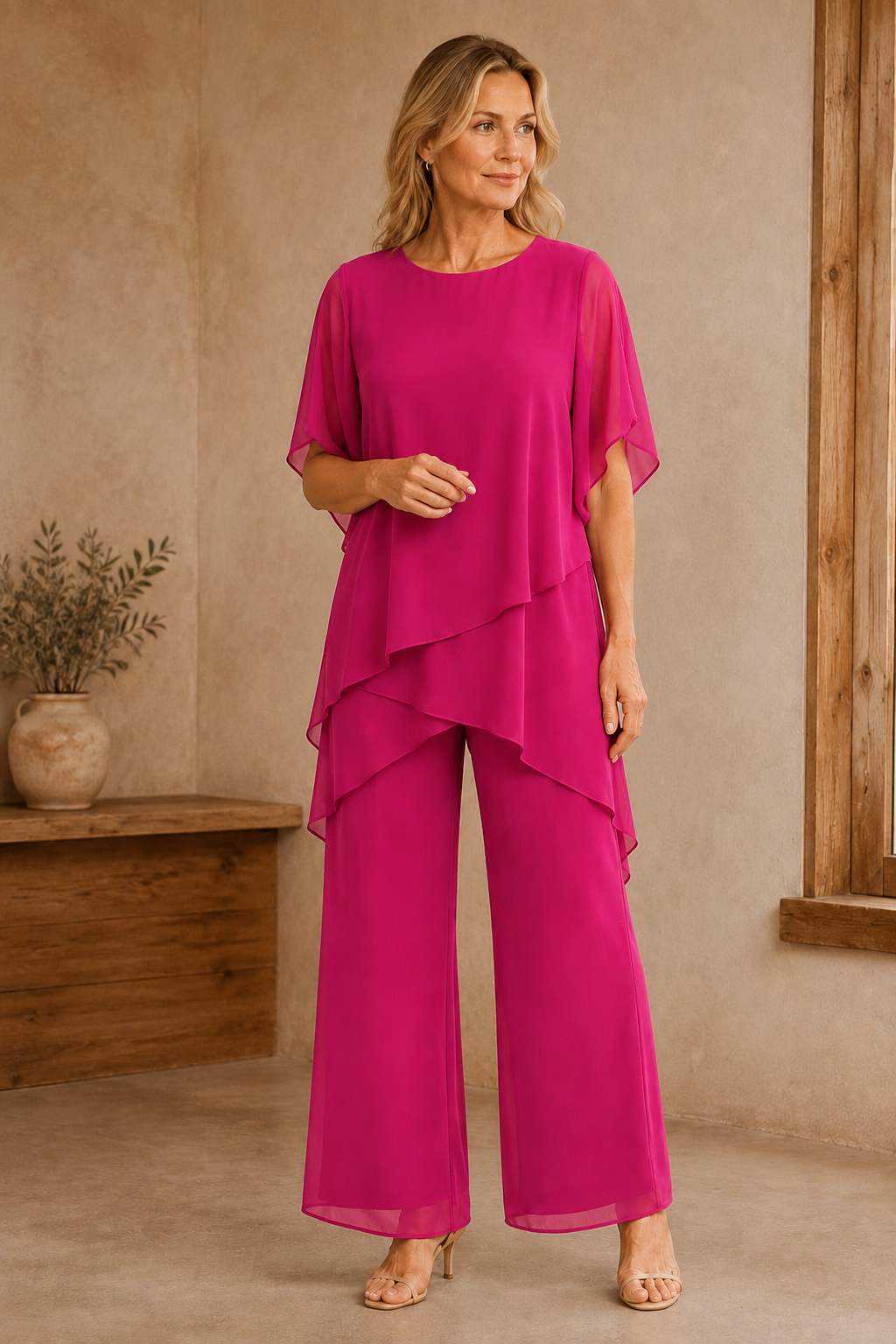 Draped Chiffon Palazzo Trouser Set - Pink
