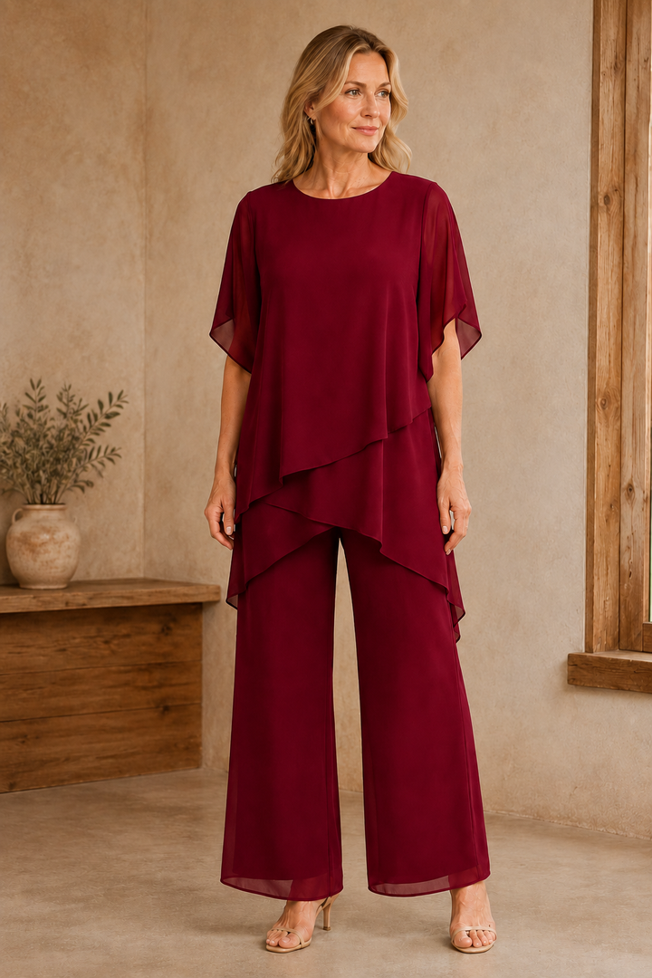 Draped Chiffon Palazzo Trouser Set - Red