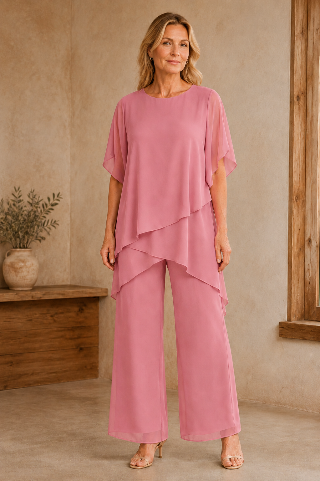 Draped Chiffon Palazzo Trouser Set - Soft Pink