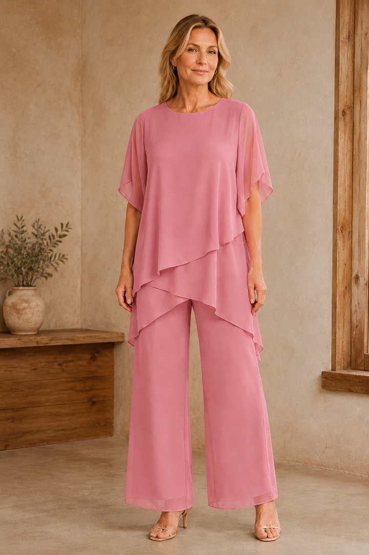 Draped Chiffon Palazzo Trouser Set - Soft Pink