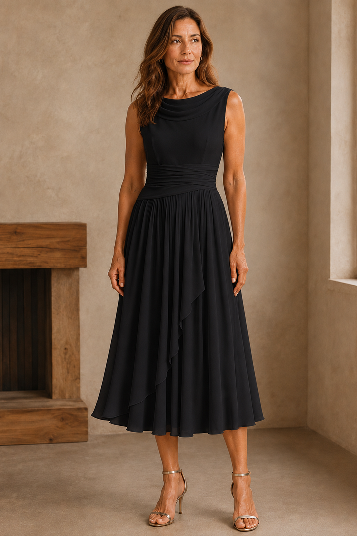 Draped Neck Pleated Midi Dress - Black