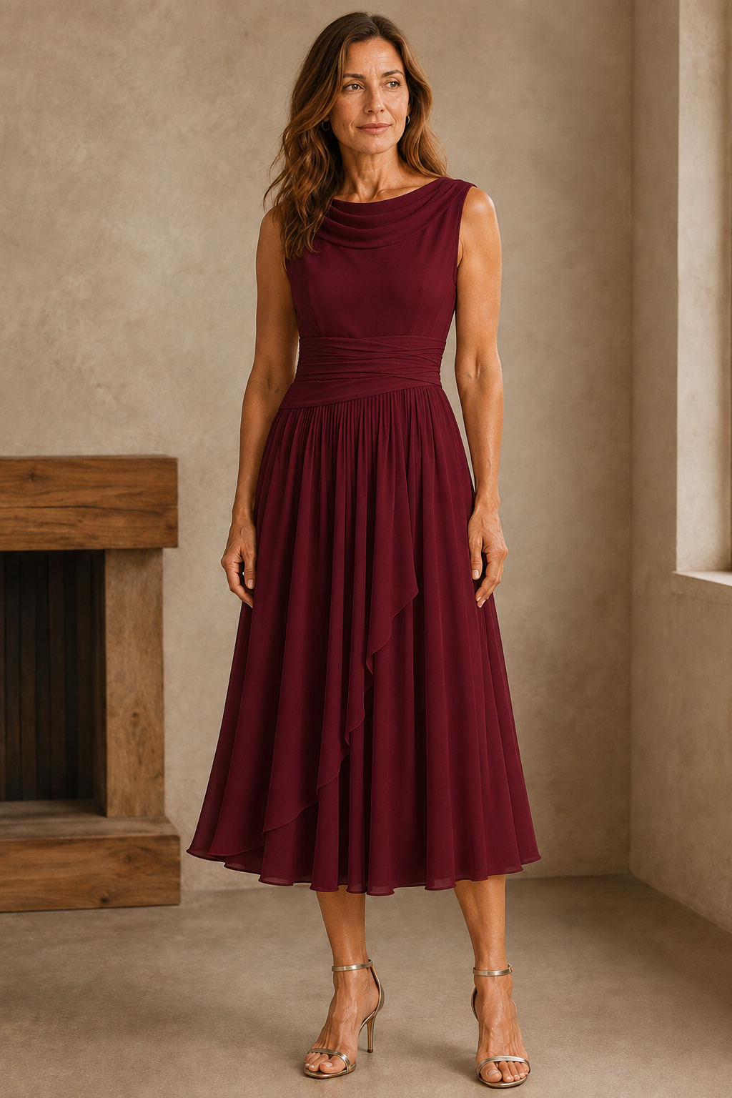 Draped Neck Pleated Midi Dress - Burgundy