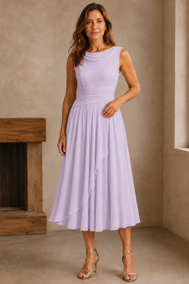 Draped Neck Pleated Midi Dress - Lavender