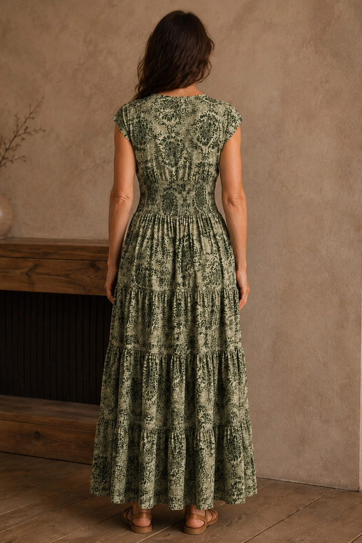 Patchwork Print Short Sleeve Maxi Dress - back view