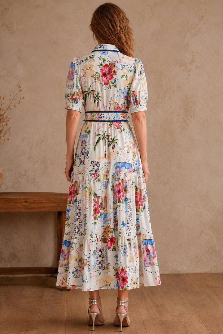 Cotton Linen Floral Tie Waist Dress - back view