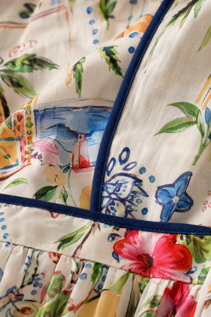 Cotton Linen Floral Tie Waist Dress - fabric close-up