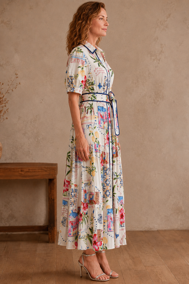 Cotton Linen Floral Tie Waist Dress - left side view