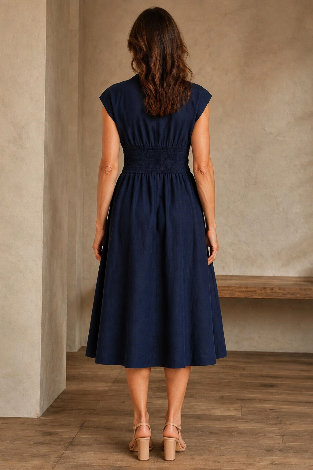 Zip Front Smocked Waist Midi Dress - back view