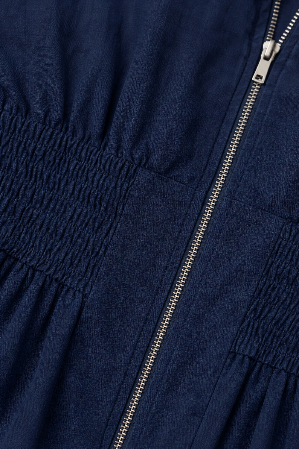 Zip Front Smocked Waist Midi Dress - fabric close-up