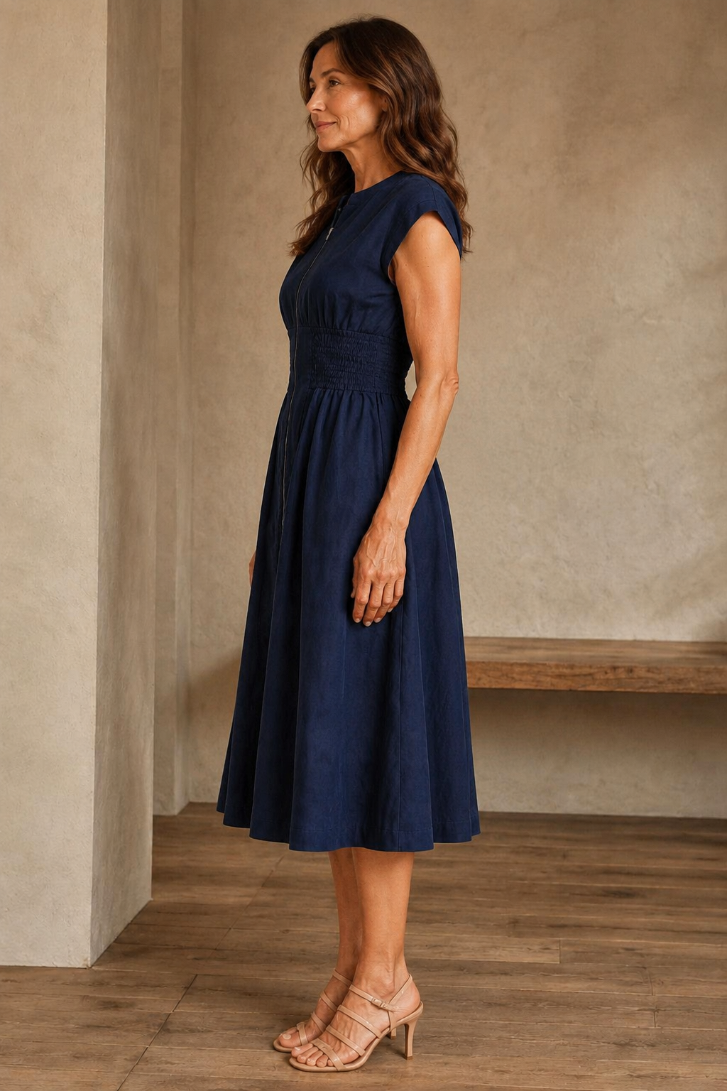 Zip Front Smocked Waist Midi Dress - left side view