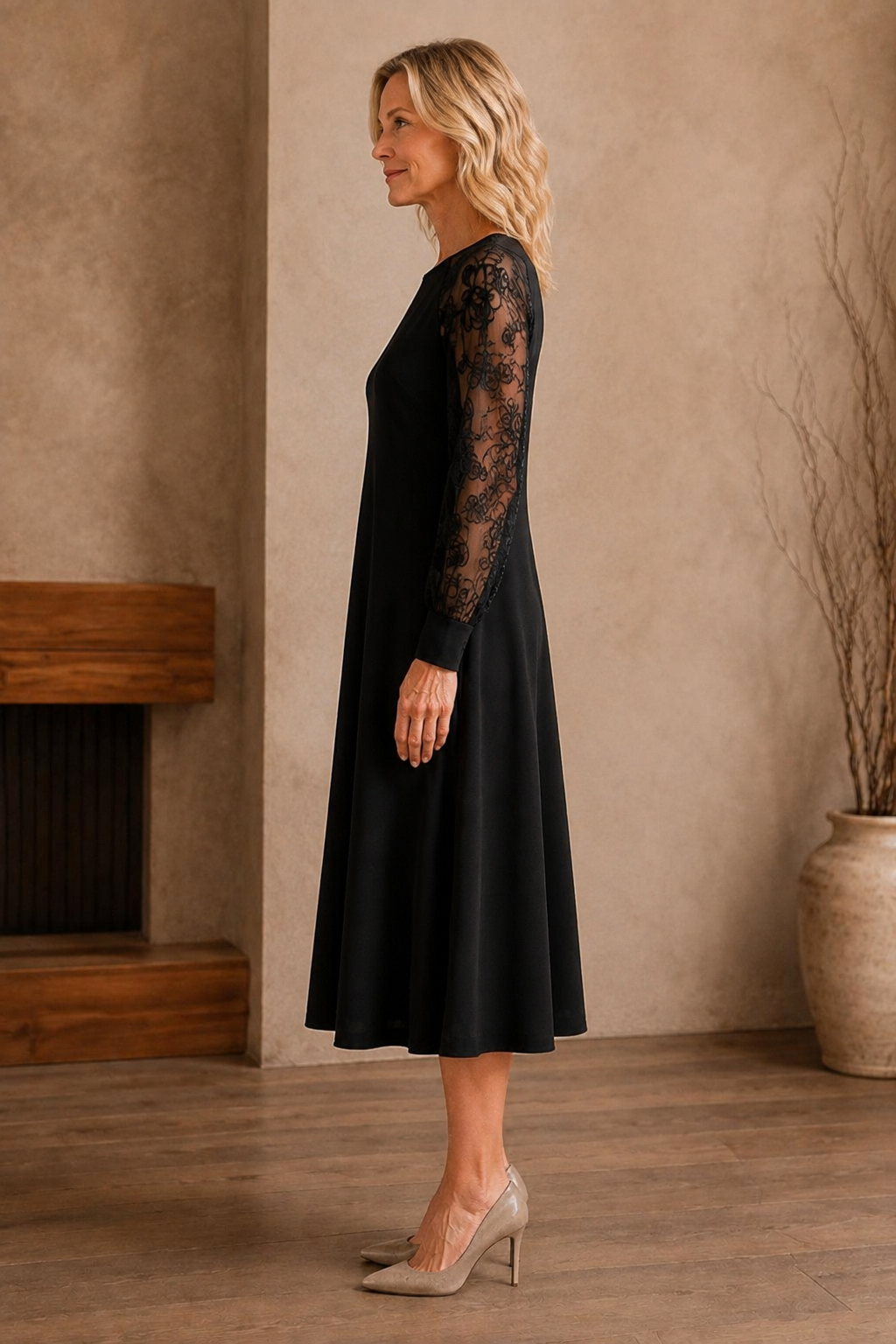 Lace Sleeve A-Line Dress - left side view