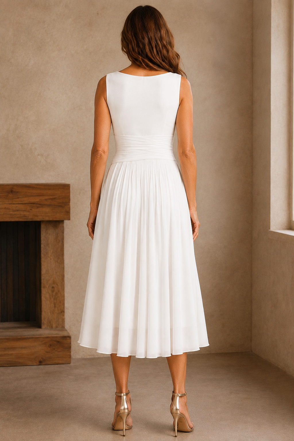 Draped Neck Pleated Midi Dress - back view
