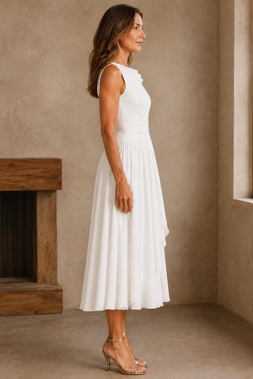 Draped Neck Pleated Midi Dress - left side view