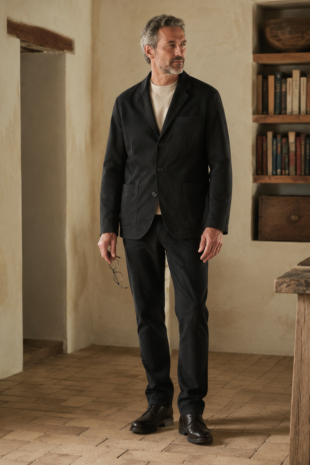 Black cotton three-button blazer full-length front