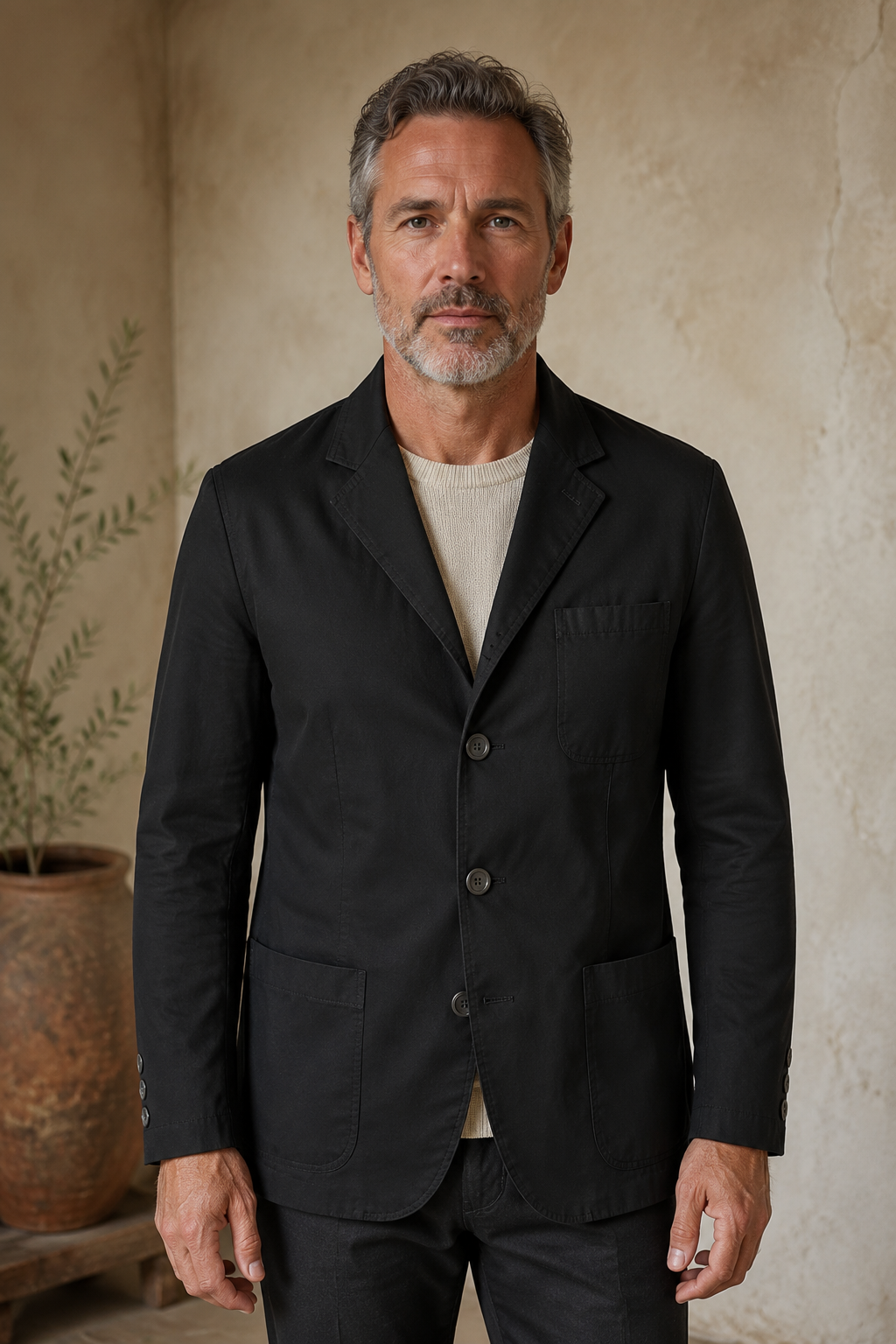 Black cotton three-button blazer hero, direct camera gaze