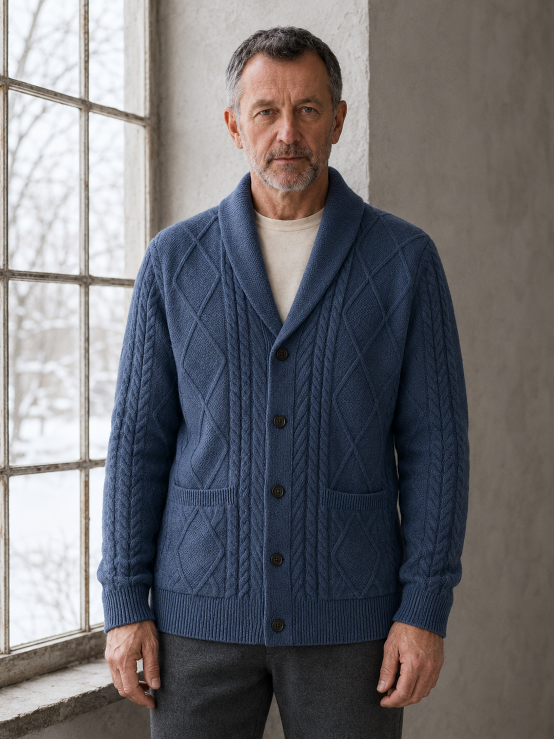 Wool Blend Shawl Collar Cardigan - Blue hero